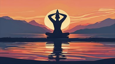 Illustration of a yoga pose silhouette in calm harmony bathed in the breathtaking palette of a