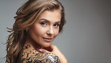 Blonde woman with tattoos on her shoulder, smiling gently. The background is grey, AI generated, AI