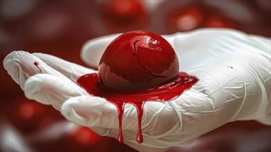 A cracked red heart in a latex-gloved hand, with blood dripping, evoking tension and drama