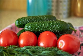 Tomatoes, cucumbers and green dill close-up, fresh harvest, preparation for salad, diet food