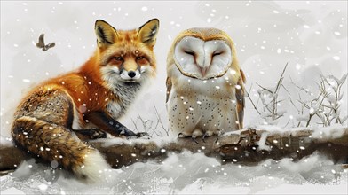 A red fox and a barn owl sit together on a snowy log, portraying a serene winter wildlife scene, AI