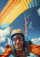 Close-up of a beautiful man in an orange jumpsuit skydiving through the air. Vertical shot. AI
