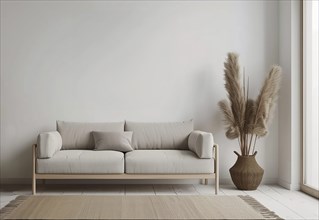 A couch sits in front of a white wall. Potted feather grass sit on the floor next to the couch. The