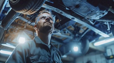 Car mechanic working on fixing and repairing a car in a garage, AI generated