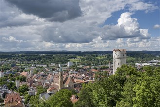 View over the historic town centre of Ravensburg, on the right the fortified defence tower built in