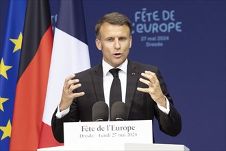 Emmanuel Macron (President of the French Republic) speaks at the Fete de l'Europe on the Neumarkt