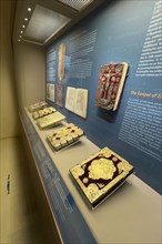 Showcase with historical handwritten books Gospels Church books of Arkadi Monastery in Museum