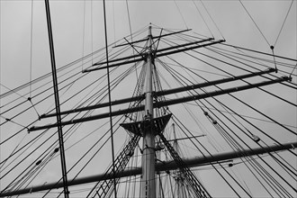 Old sailing ship in the Hamburg Harbour Museum, black and white, Hanseatic City of Hamburg,
