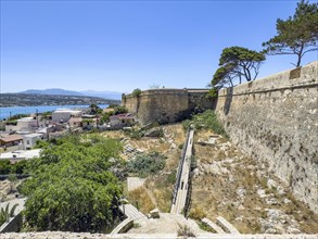 View of bastion Agios Loukas on southwest side of ruins of historical fortress Fortetza Fortezza of