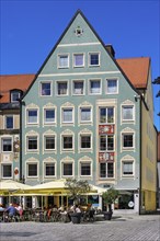 Painted pointed gable facade, Rathausplatz, Kempten, Allgaeu, Bavaria, Germany, Europe