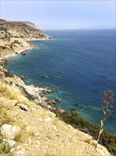 View of rocky coast south coast of Crete island with blue turquoise water at Libyan Sea