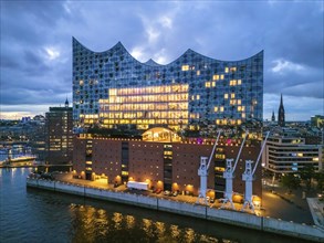 Aerial view of the Elbe Philharmonic Hall during the blue hour, Hamburg, Germany, Europe