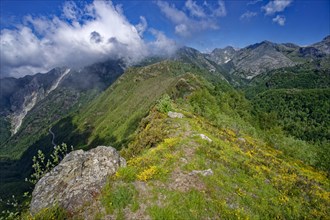 Mountain panorama from Passo Croce in the Garfagnana mountain landscape to the peaks of the Apuan