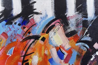 Abstract painting with vibrant colours and dynamic brushstrokes, creating an energetic atmosphere,