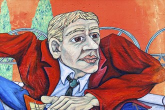 Realistic mural of a man in a red jacket against an orange background, Wall painting, East Side