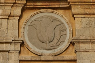 Architectural detail of a stone relief in the shape of a flower, Old Town of Rhodes, Rhodes Town,