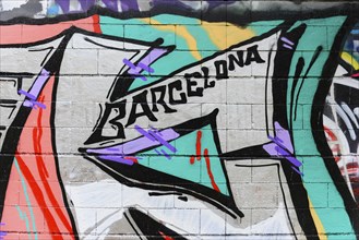 Barcelona, Catalonia, Spain, Europe, Abstract graffiti with the word 'Barcelona' on a colourful