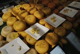 Dutch cheese on display in the town of Alkmaar on a market day., Alkmaar, The Netherlands, Europe