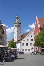 View over the Marienplatz with the Blaserturm, on the right the town hall in the historic old town