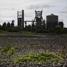 The dreary Hympendahl slag heap with the listed Phoenix-West blast furnace works, Hoerde, Dortmund,