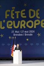 Emmanuel Macron (President of the French Republic) speaks at the Fete de l'Europe on the Neumarkt