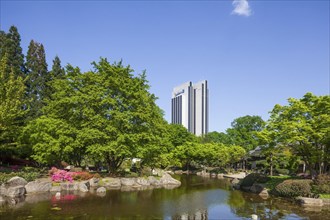 Japanese garden in the Planten un Blomen park with Radisson Blu Hotel and park pond in spring,