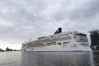 The medium-sized cruise ship the Norwegian Dawn, a ship belonging to the Norwegian Cruise Line,