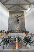 Altar with floral decoration, modern church, St. Ulrich, Kempten, Allgaeu, Swabia, Bavaria,