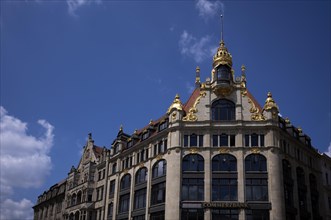 Commerzbank, former Ebert department stores', gilded facade elements, allegories, Leipzig, Saxony,