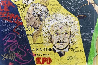 Portraits of Einstein and Goethe on a yellow wall, surrounded by graffiti, mural, East Side