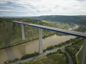 Trucks with a total weight of 960 tonnes stand on the Moselle valley bridge in Winningen during a