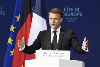 Emmanuel Macron (President of the French Republic) speaks at the Fete de l'Europe on the Neumarkt