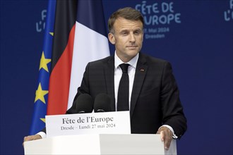 Emmanuel Macron (President of the French Republic) speaks at the Fete de l'Europe on the Neumarkt