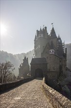 View of Eltz Castle. A landscape in autumn on a frosty morning with ripe and fog. The famous castle