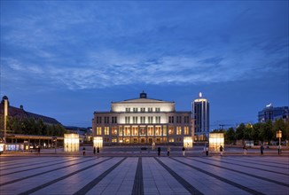 Opera, Winter Garden Tower, Augustusplatz, evening mood, blue hour, Leipzig, Saxony, Germany,