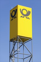 Deutsche Post logo on scaffolding, DHL, blue sky, Baden-Wuerttemberg, Germany, Europe