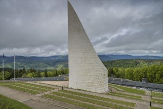Memorial in the shape of a flame, Struthof concentration camp, Natzweiler, Alsace, France, Europe