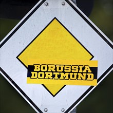 Right of way sign with Borussia Dortmund sticker, symbol photo, Dortmund, Ruhr area, North