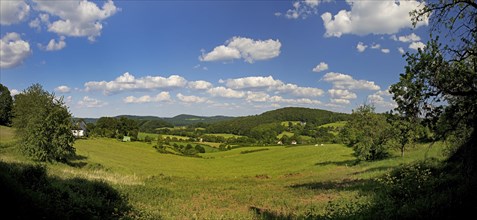 Hilly landscape with blue sky and clouds, Wetter (Ruhr), Ruhr area, North Rhine-Westphalia,