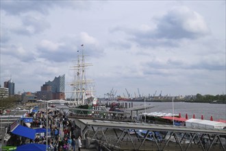 View over the Hamburg harbour, behind it the Elbe Philharmonic Hall, Panorama, Hanseatic City of
