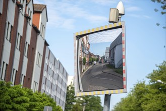 Traffic mirror on a blind road, Magdeburg, Saxony-Anhalt, Germany, Europe