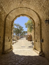 View through main gate entrance to ruins of historical fortress Fortetza Fortezza of Rethymno built