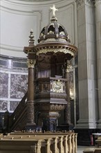Interior view of Berlin Cathedral, Berlin, Germany, Europe, Magnificent pulpit with detailed wooden