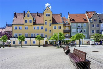Pointed gable facades on Sanlt-Mang-Platz, with space for text, Kempten, Allgaeu, Bavaria, Germany,