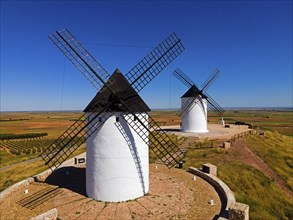 Two windmills stand on a sunny hill in a wide field landscape under a clear sky, aerial view,