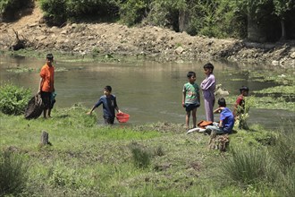 Children playing and working near a riverbank surrounded by lush greenery, Jammu and Kashmir,