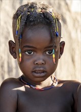 Hakaona child with traditional hairstyle, portrait, in the morning light, Angolan tribe of the