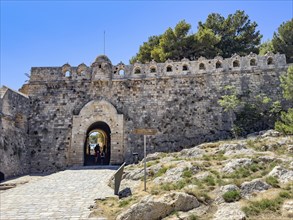 Eastern wall with main gate entrance to ruins of historic fortress Fortetza Fortezza of Rethymno