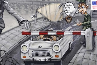 Detailed mural shows a caricature of soldiers at a checkpoint, car with humorous elements, mural,