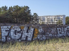 A stone wall with colourful graffiti in front of a modern building, framed by pine trees and tufts